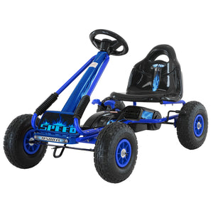 Blue and black pedal go-kart on a white background