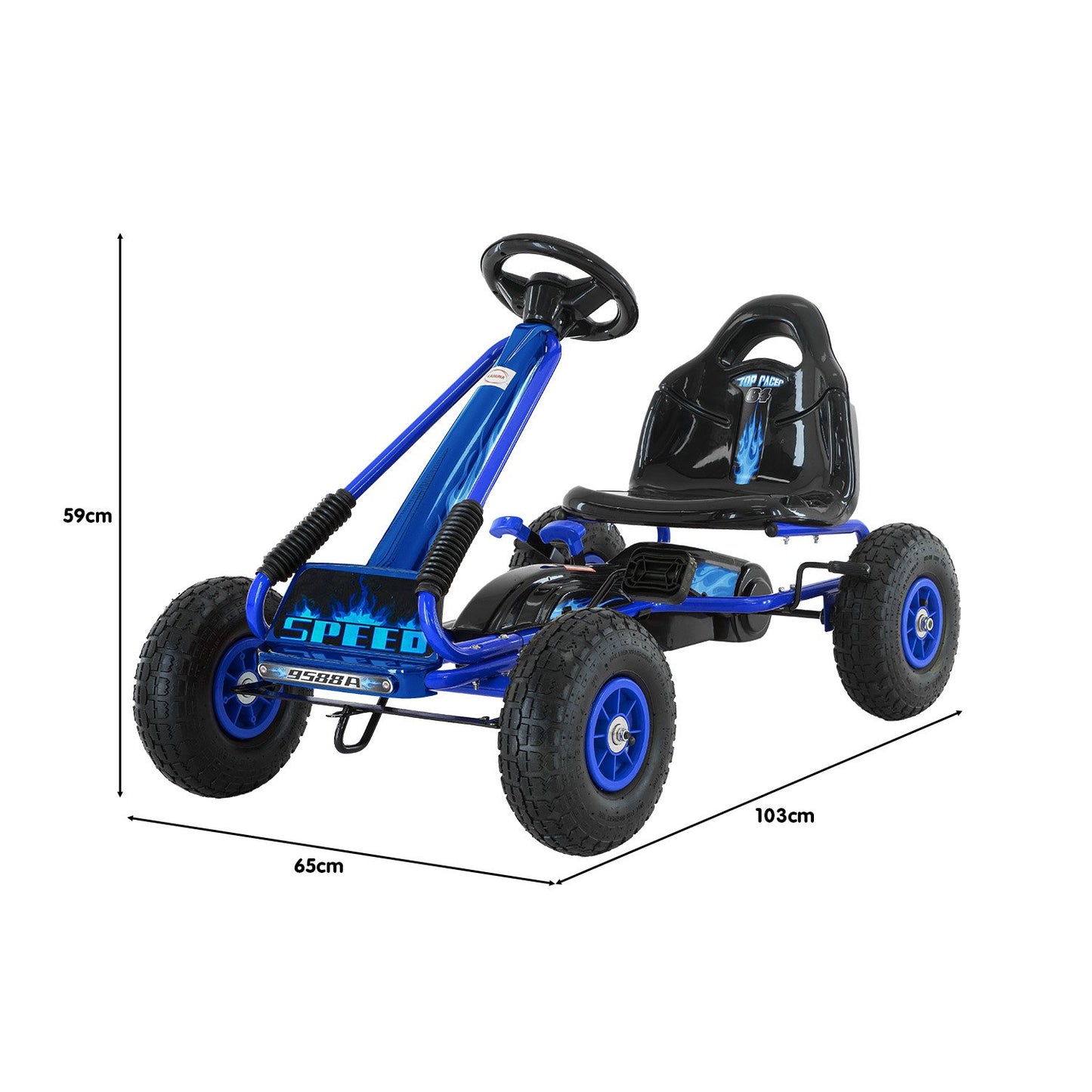 Blue pedal go-kart with measurements on a white background