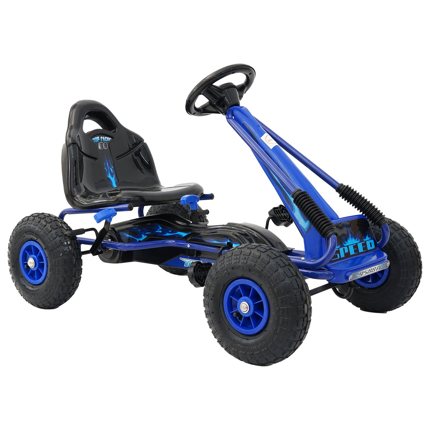 Blue children's go-kart with black seat on a white background
