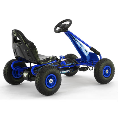 Blue and black go-kart on a white background