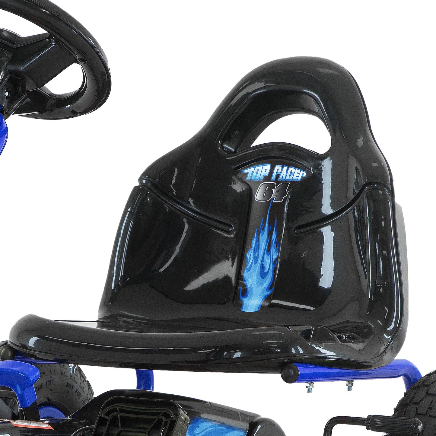 Black go-kart seat with blue flames and 'Top Racer' branding on a white background