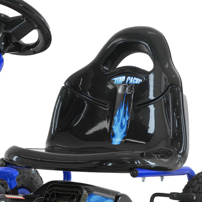 Black go-kart seat with blue flames and 'Top Racer' branding on a white background