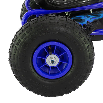Close-up of a wheel with a blue rim on a vehicle, showing tread pattern and rim design.