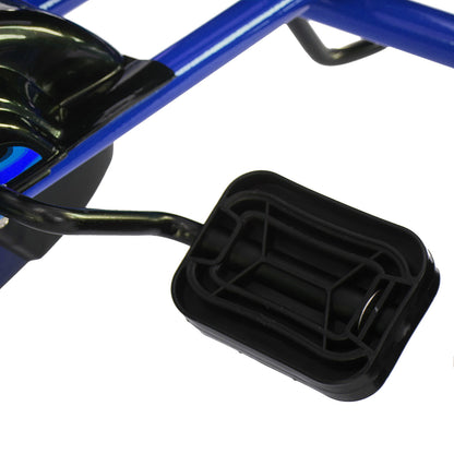 Black bicycle pedal attached to a blue bike frame on a white background