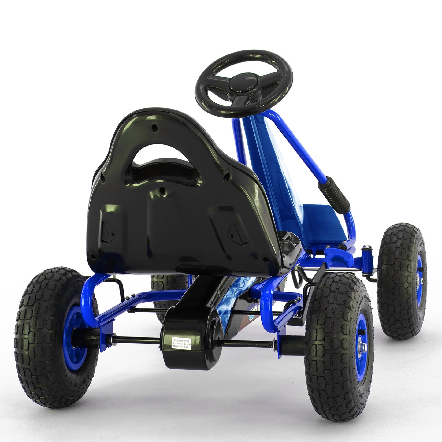 Blue and black pedal go-kart on a white background