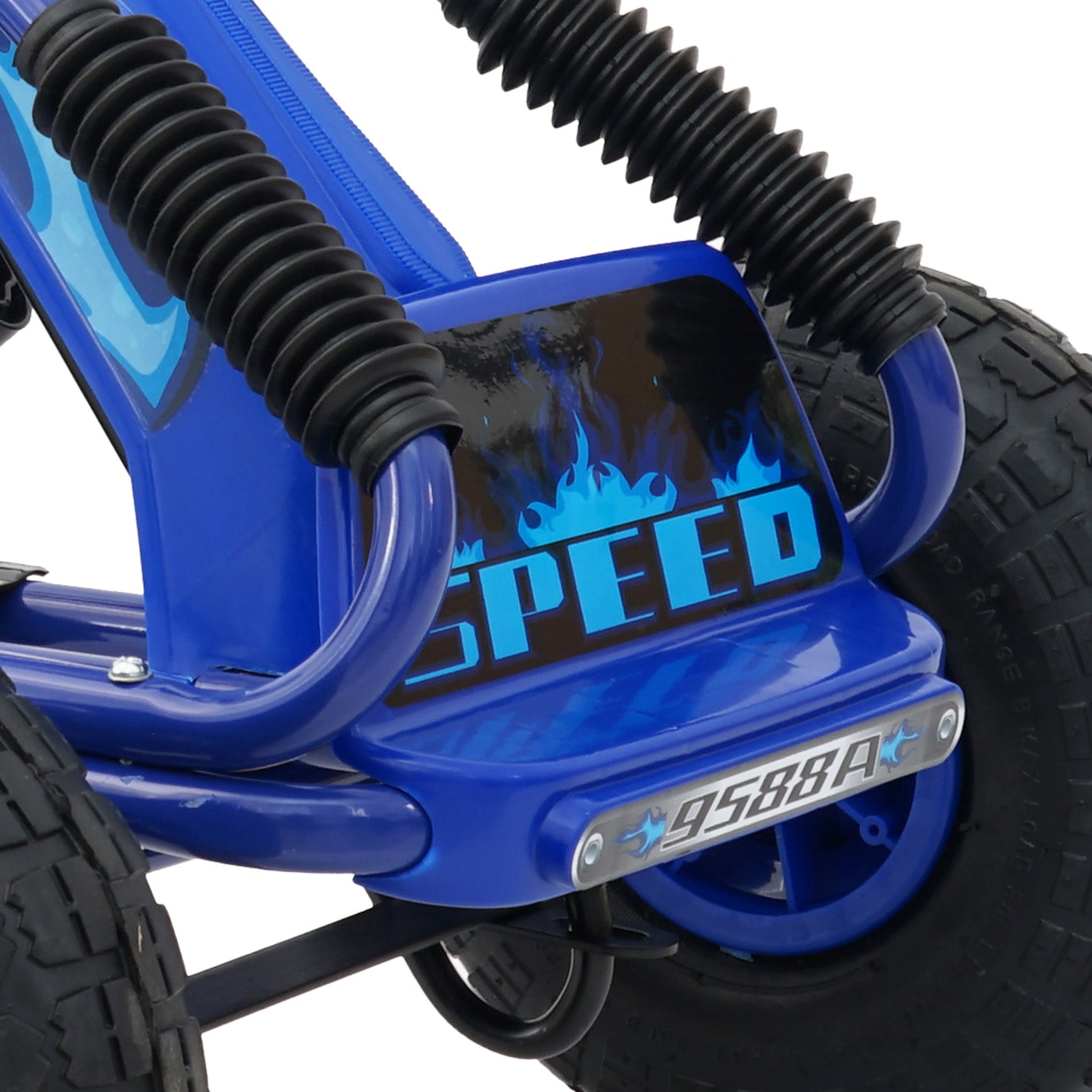 Blue toy bike with black suspension fork on a white background
