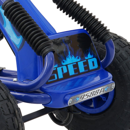Blue toy bike with black suspension fork on a white background