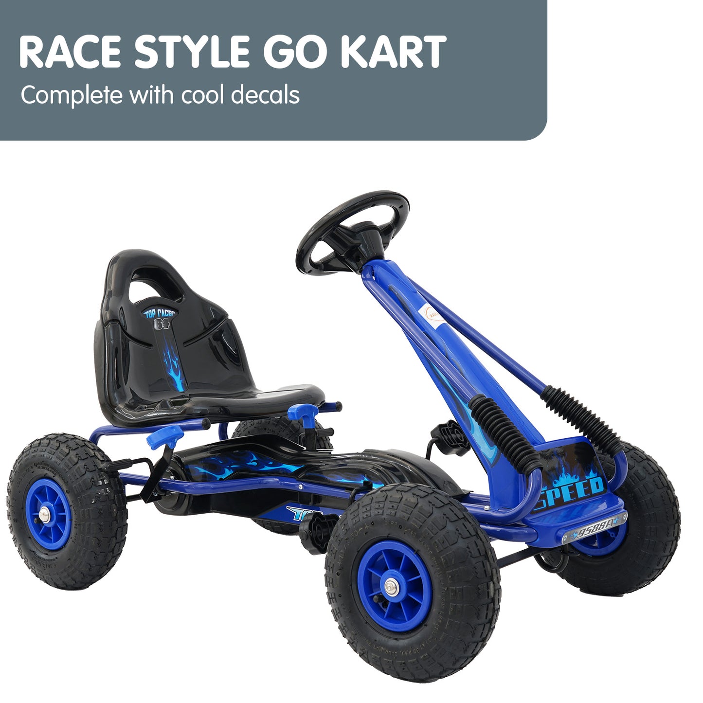Blue race-style go kart with black seat and cool decals on a white background