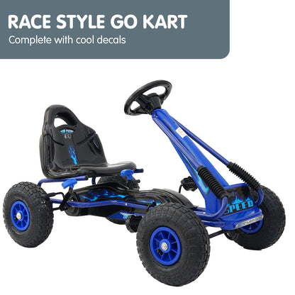 Blue race-style go kart with black seat and cool decals on a white background
