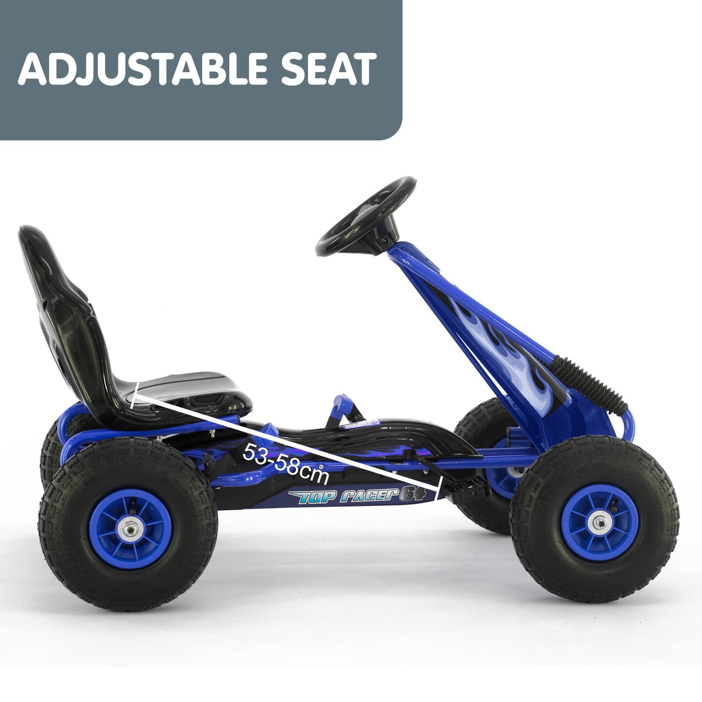 Blue and black go-kart with adjustable seat feature on a white background