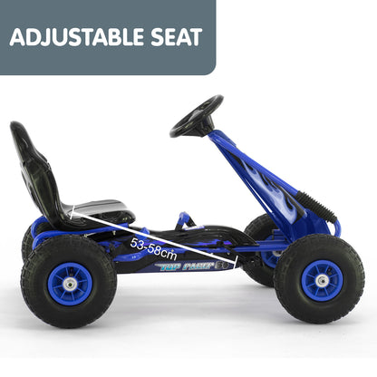 Blue and black go-kart with adjustable seat feature on a white background