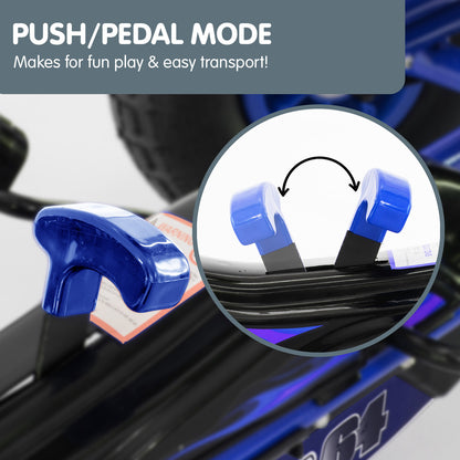 Blue push/pedal mode feature on a toy car with text indicating fun play and easy transport.