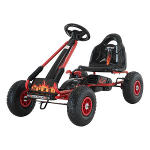 Children's pedal go-kart with red and black design on a white background