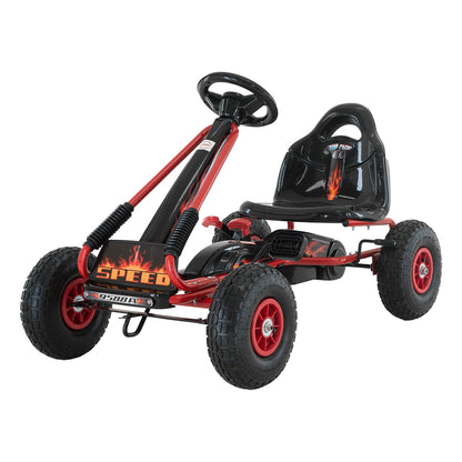 Children's pedal go-kart with red and black design on a white background