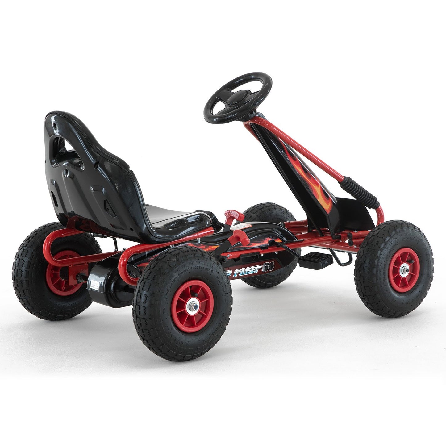 Red and black pedal go-kart on a white background