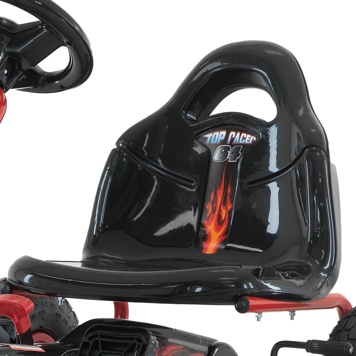 Black go-kart seat with flame design and 'Top Racer' branding on a white background