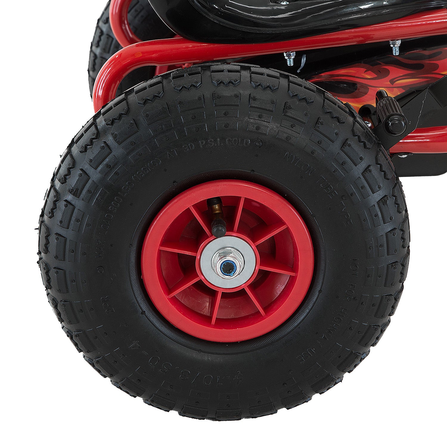 Close-up of a red and black wheel with tire tread pattern on a white background