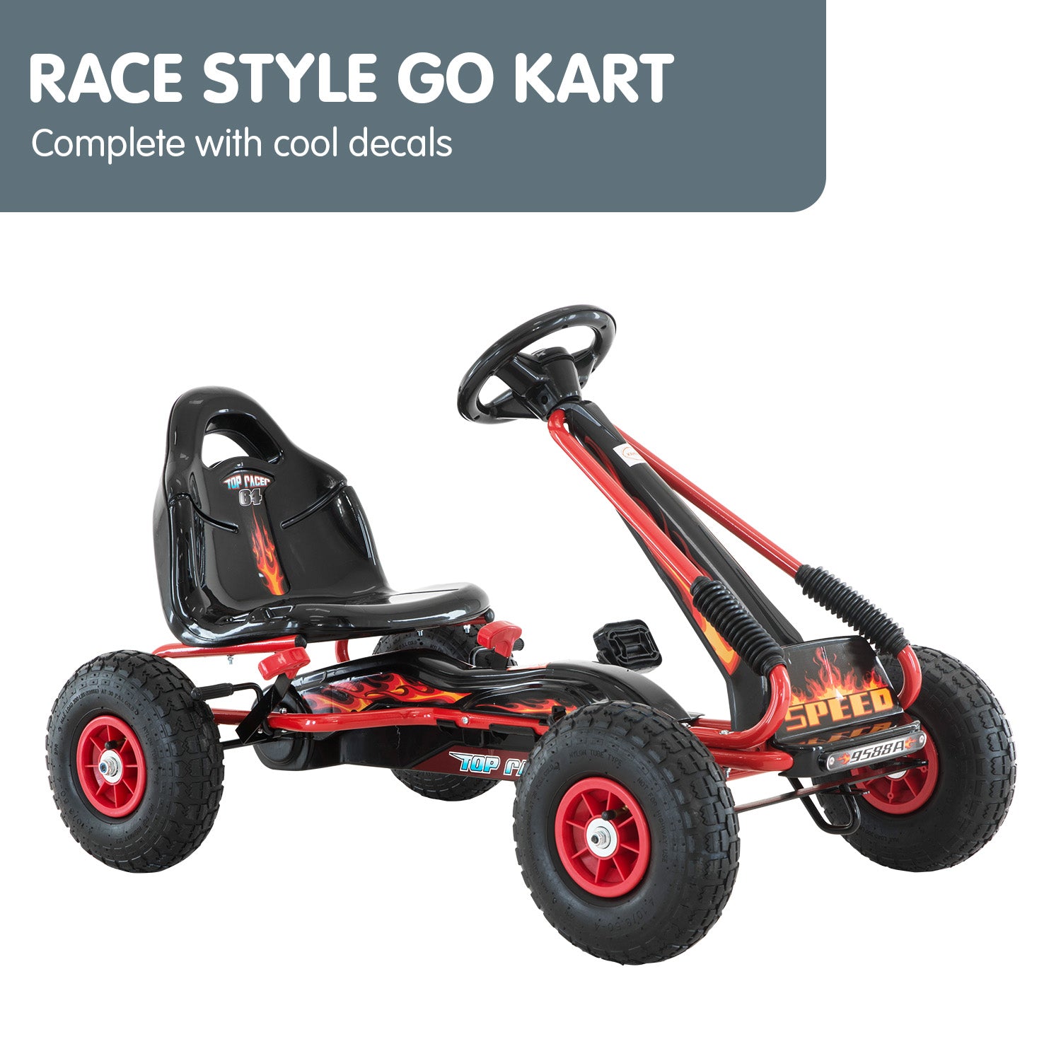 Red and black race-style go kart with cool decals on a white background