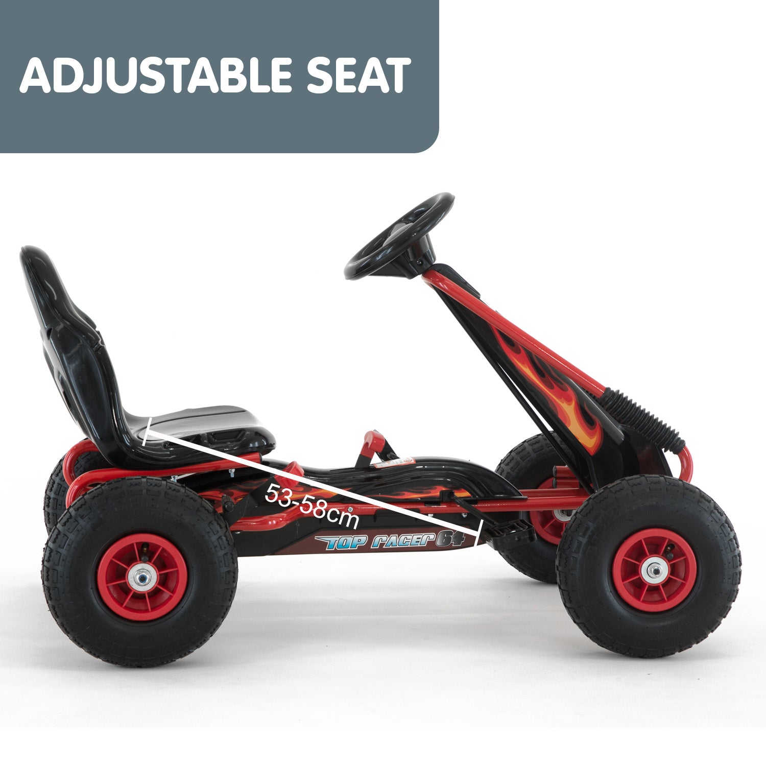Children's go-kart with adjustable seat feature on a white background