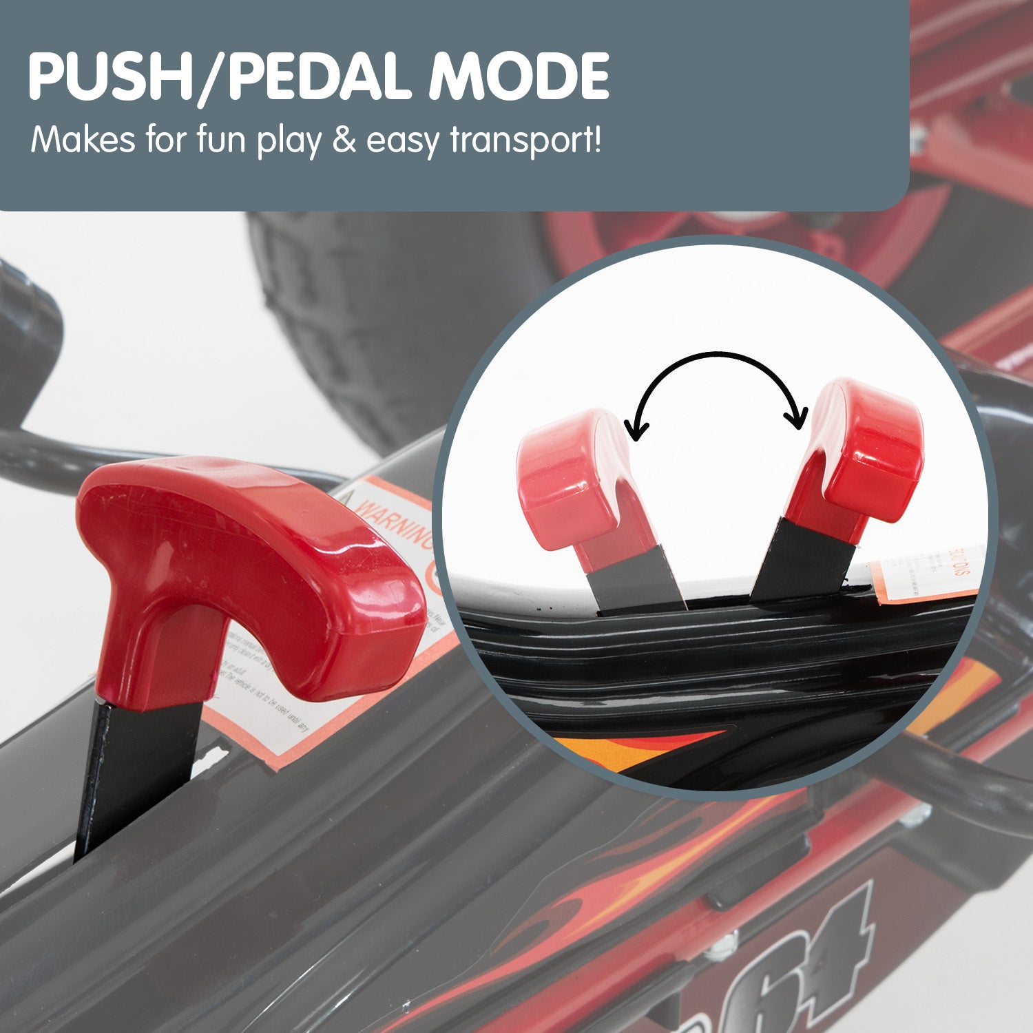 Close-up of a red and black toy car with push/pedal mode feature, showing a cable being pulled.