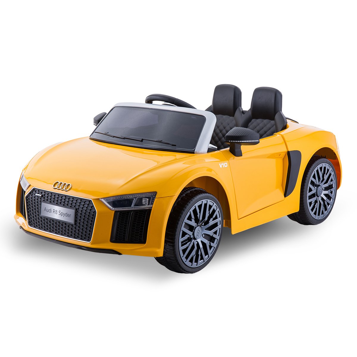 Yellow toy car with Audi logo on a white background