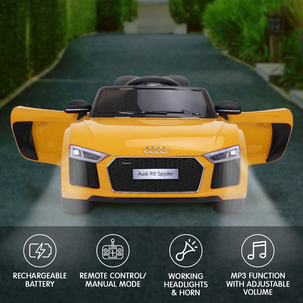 Yellow Audi toy car with features listed on a blurred green outdoor background