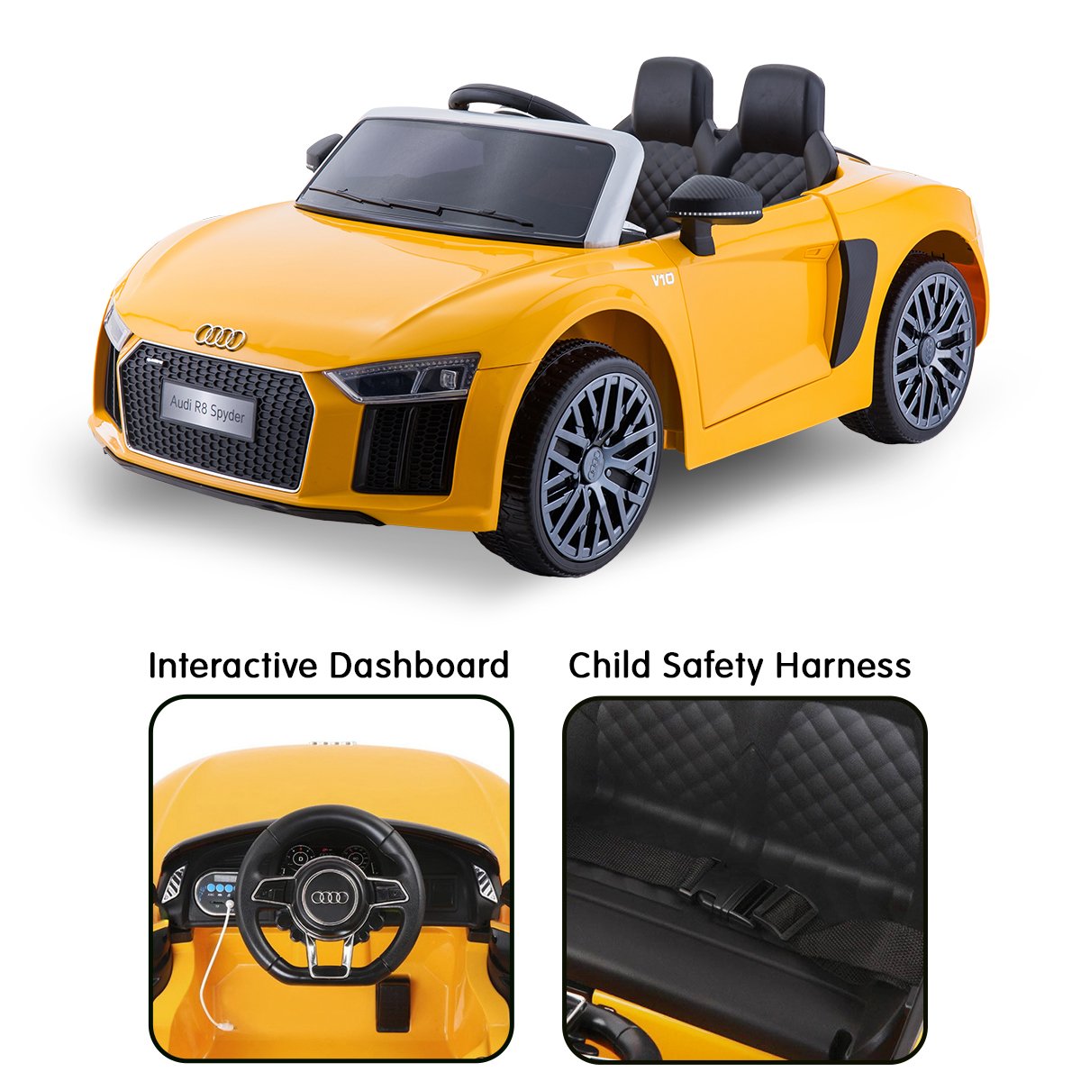 Yellow toy car with Audi logo, interactive dashboard, and child safety harness on a white background.