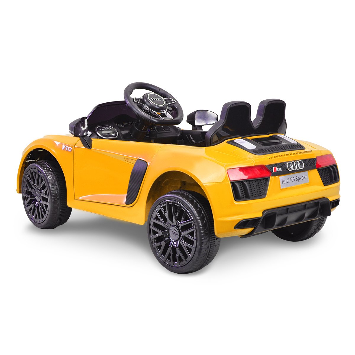 Yellow toy car with Audi logo on a white background