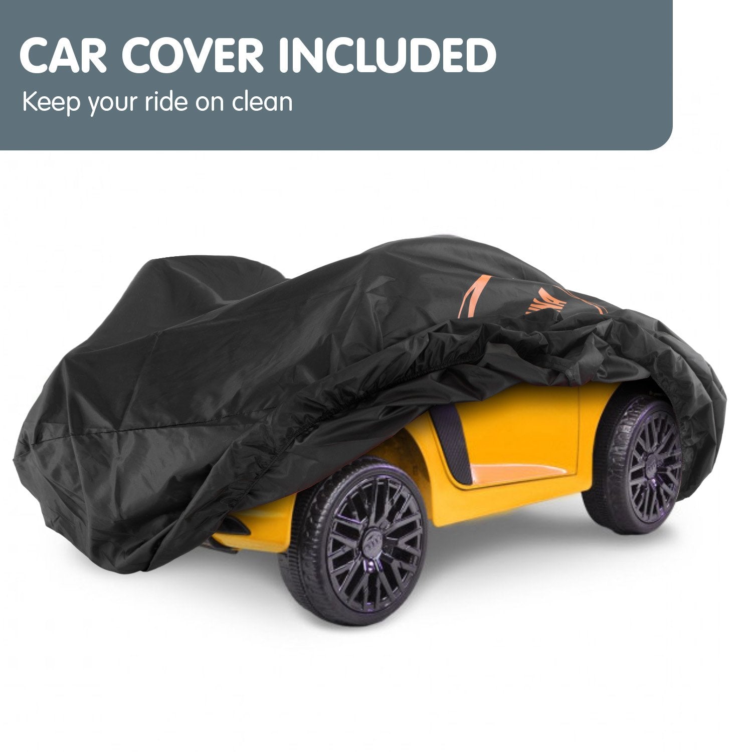 Black car cover on a yellow toy car with text 'CAR COVER INCLUDED' above.