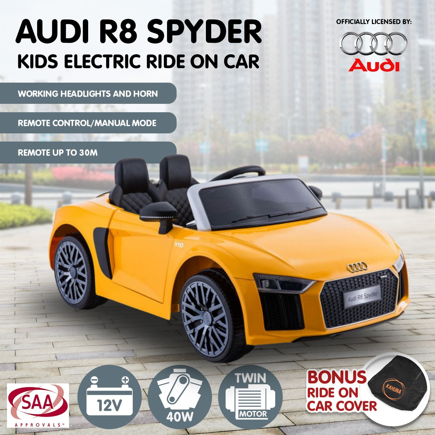 Audi R8 Spyder kids electric ride-on car with features listed on a cityscape background