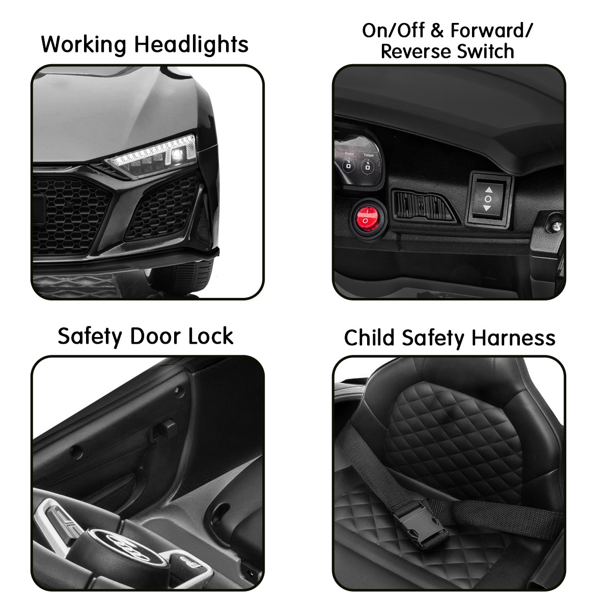 Car features including working headlights, switch controls, safety door lock, and child safety harness.