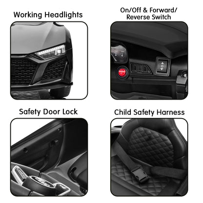 Car features including working headlights, switch controls, safety door lock, and child safety harness.