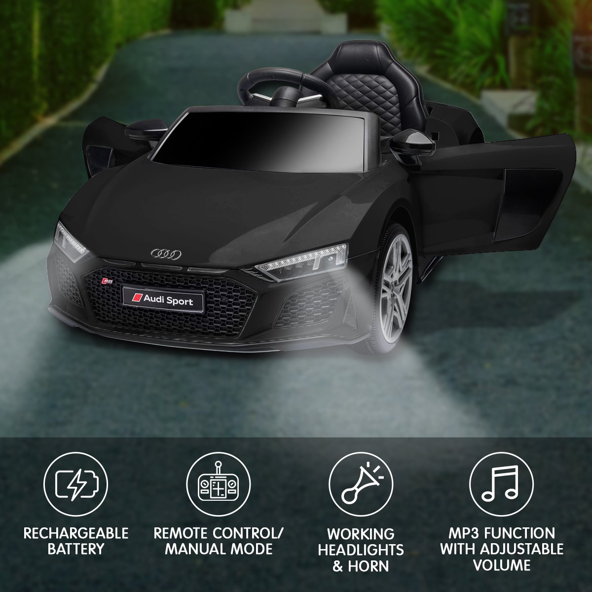 Black Audi toy car with features listed on a green outdoor background