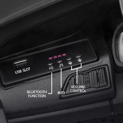 Car stereo system with labeled USB slot, Bluetooth function, MP3 player, and volume control.