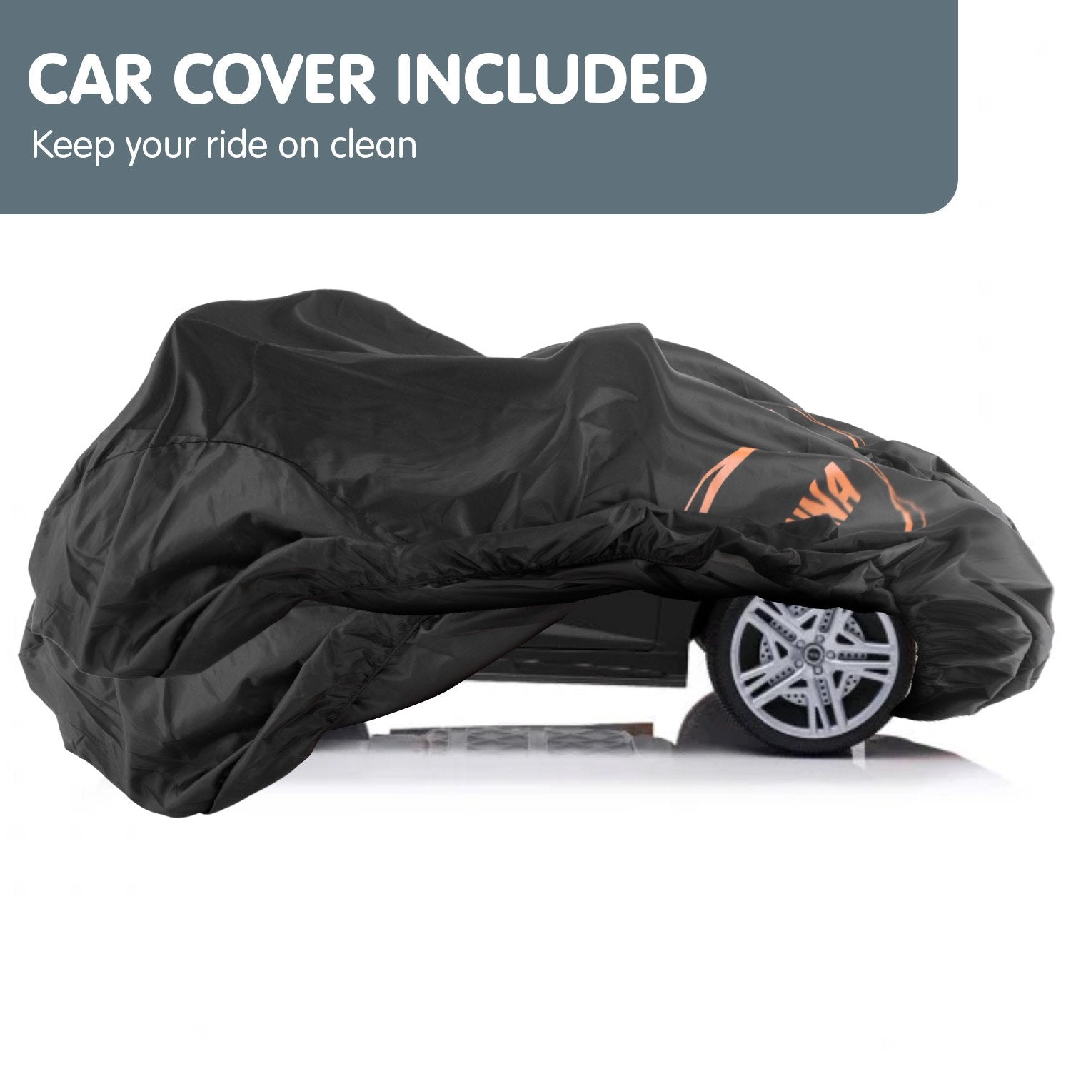 Black car cover with orange logo on a white background, text 'CAR COVER INCLUDED' at the top.