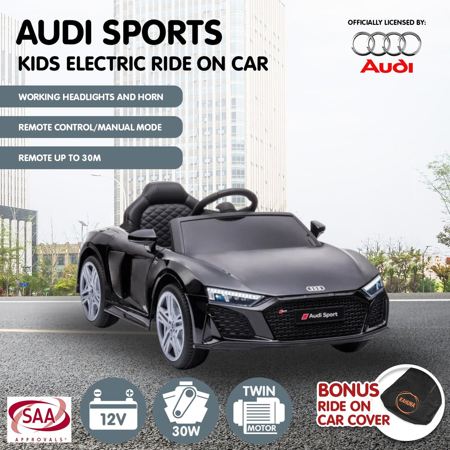 Audi kids electric ride-on car with remote control on a road background