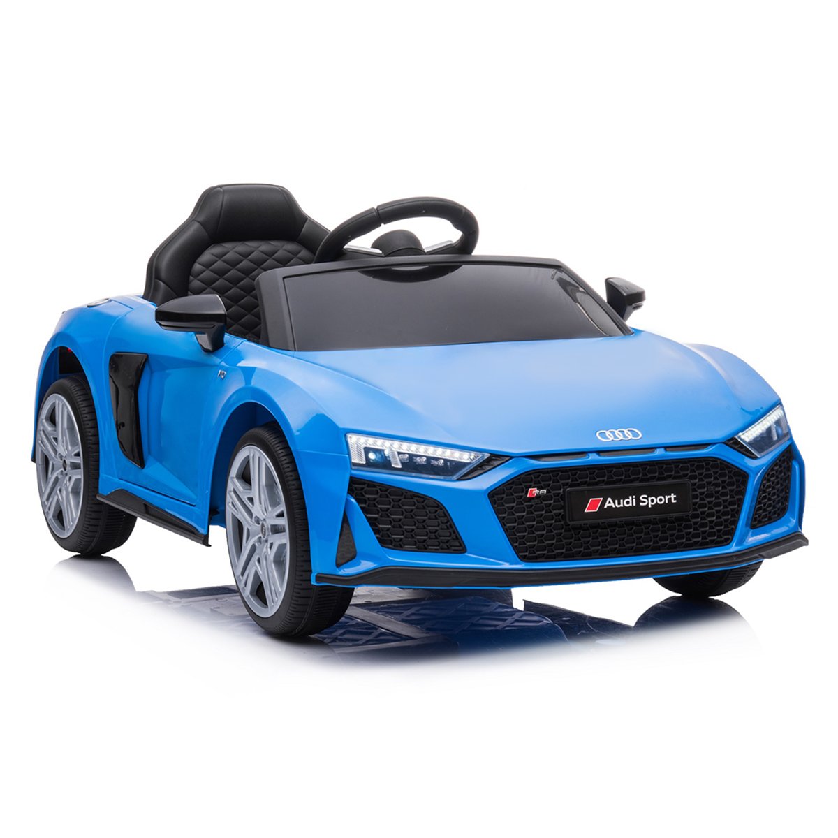 Blue toy car with Audi logo on a white background