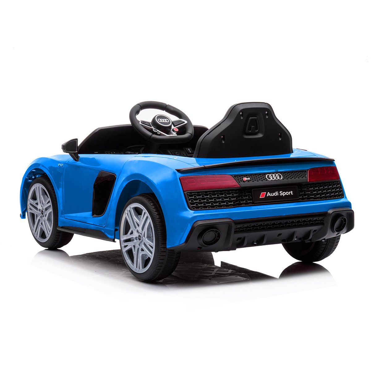 Blue toy car with Audi logo on a white background