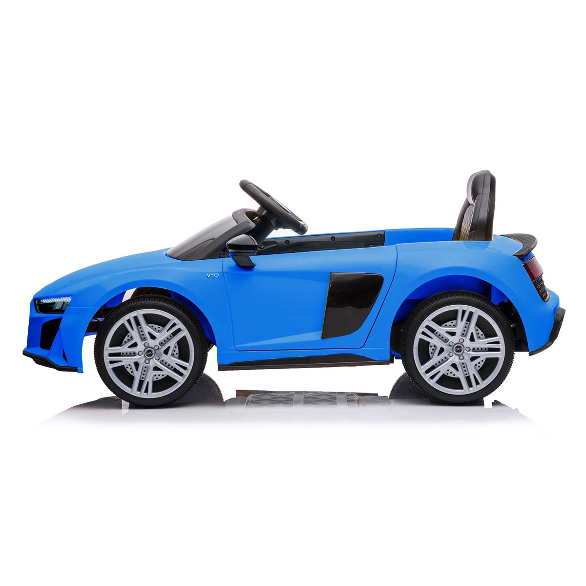 Blue toy car with black interior on a white background