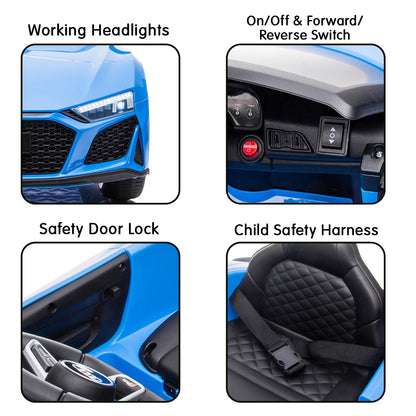 Features of a toy car including working headlights, switch, safety door lock, and child safety harness.