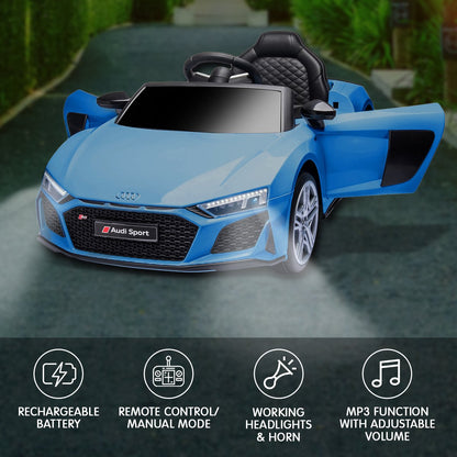 Blue toy car with Audi logo on a road with features listed below.