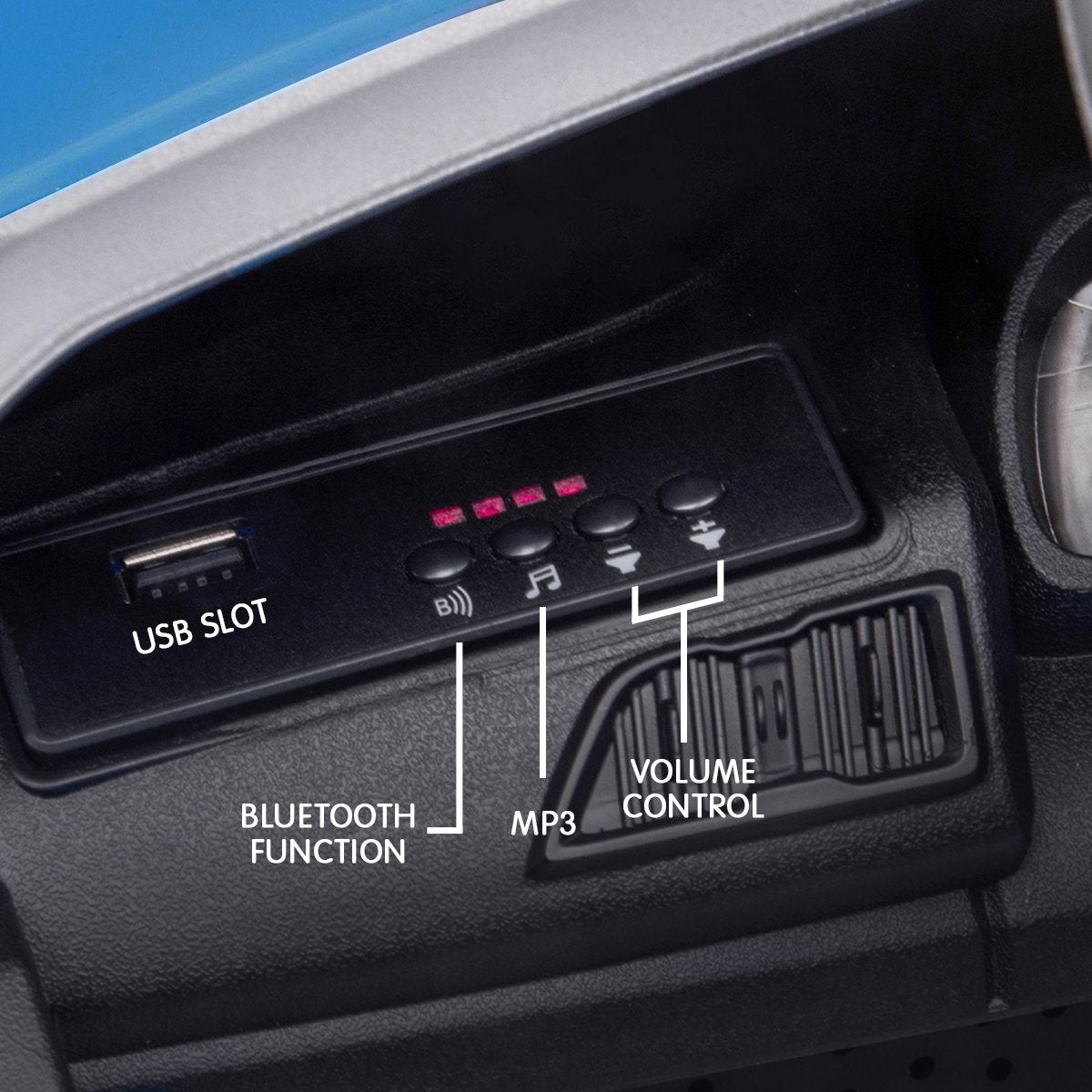 Car dashboard with audio control panel labeled for USB slot, Bluetooth function, MP3, and volume control.