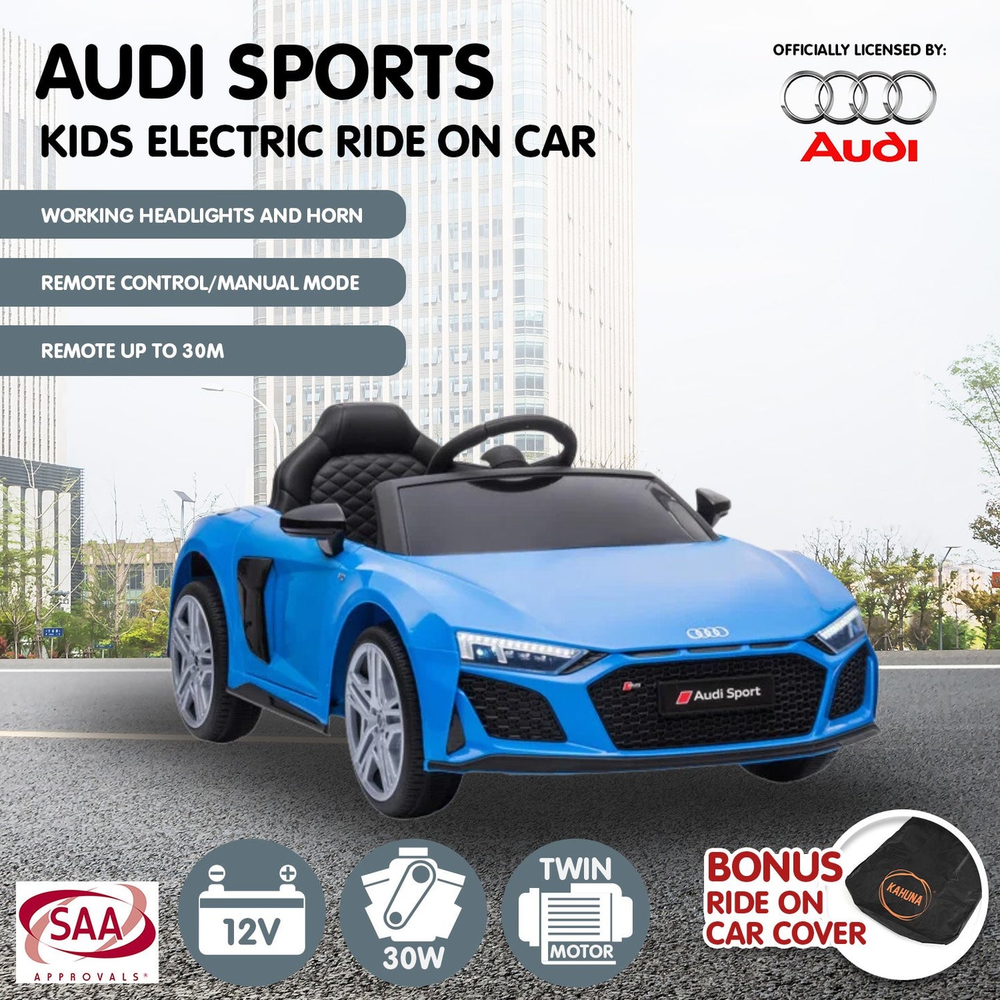 Blue Audi kids electric ride-on car with features listed on a white background