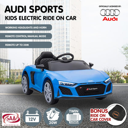 Blue Audi kids electric ride-on car with features listed on a white background