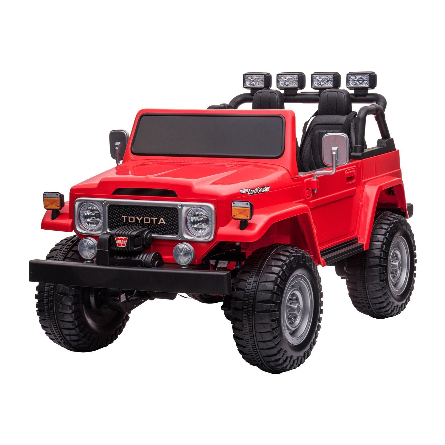 Red toy truck with black details on a white background