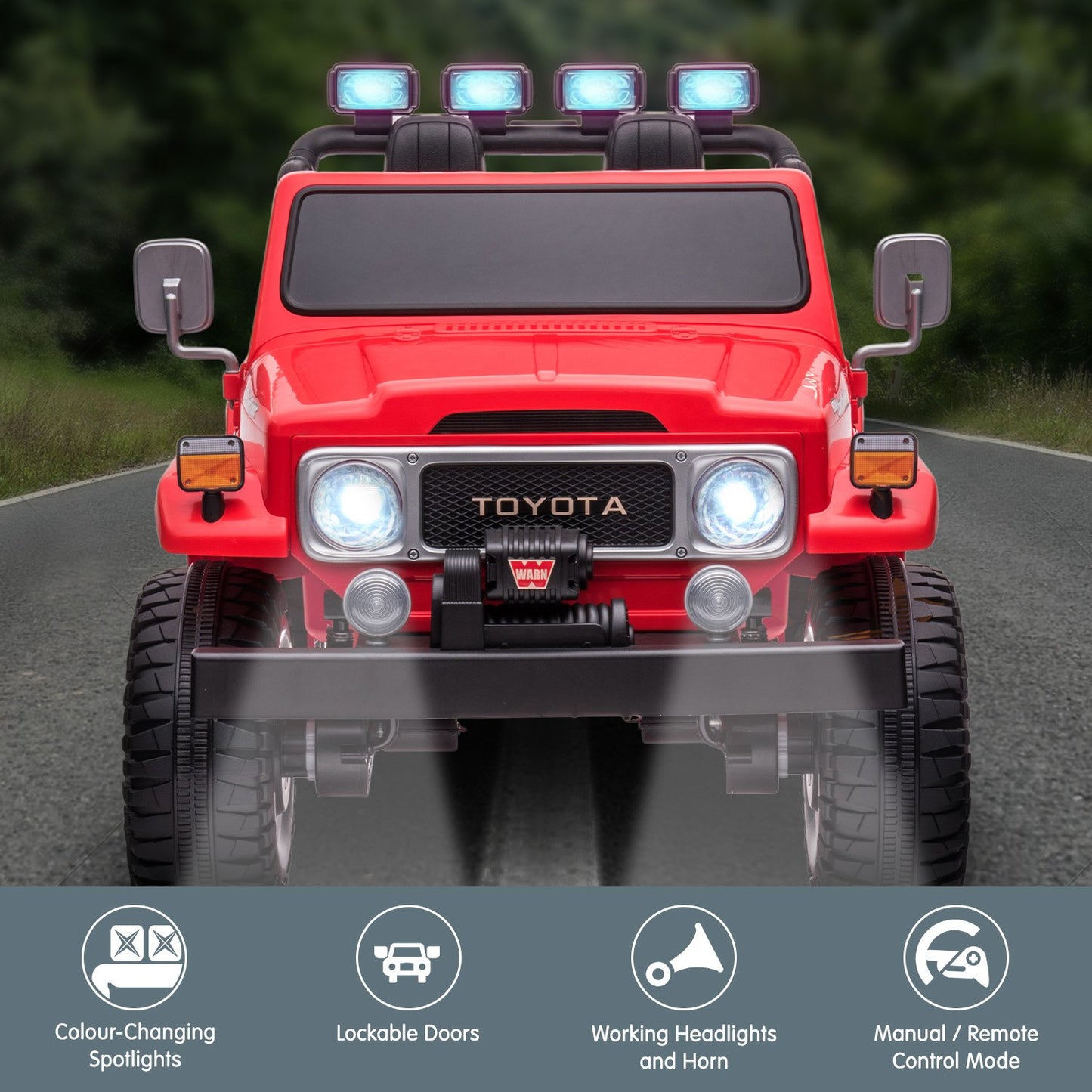 Red toy Toyota vehicle with lights on a road