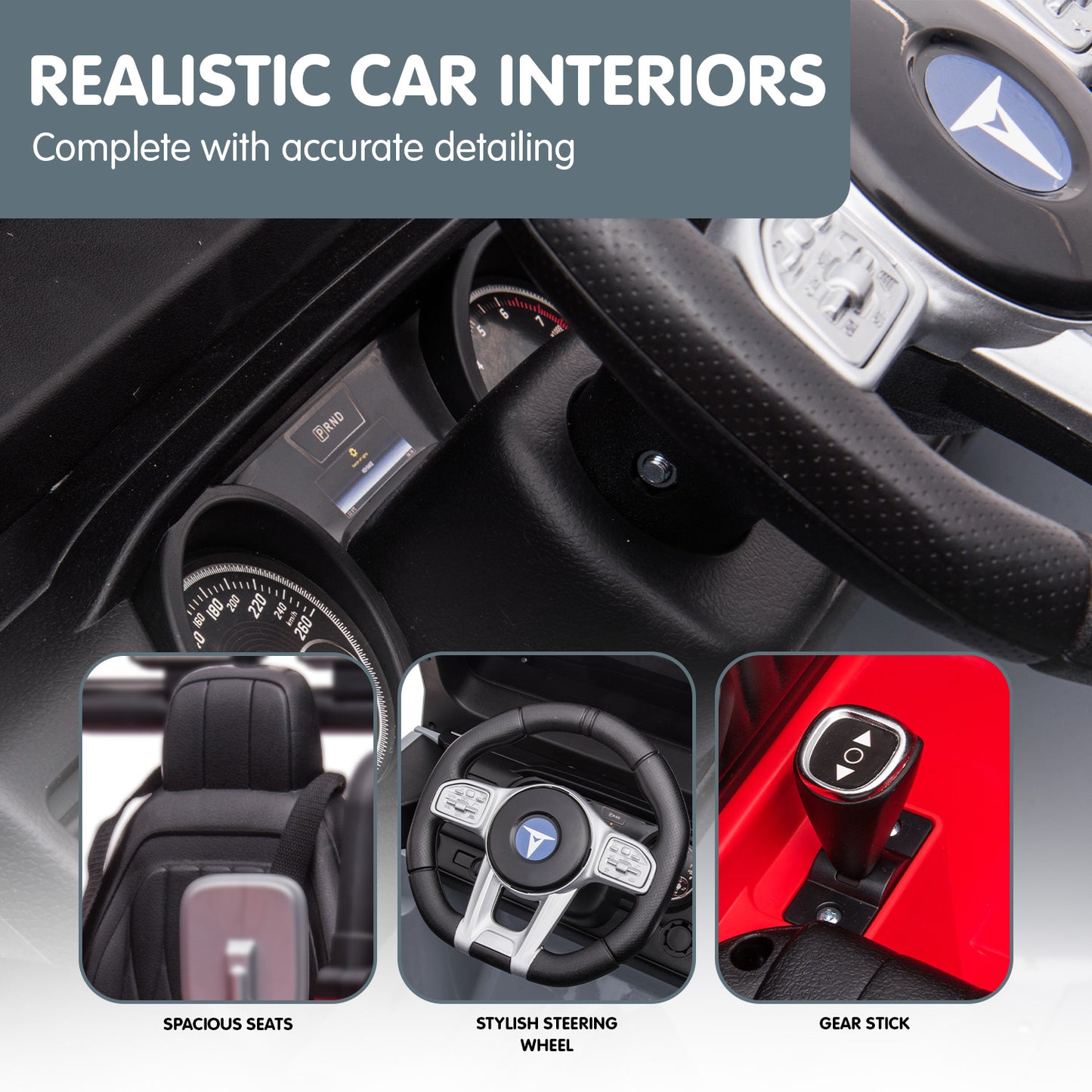 Realistic car interior components with steering wheel, gear stick, and seats on a gray background.