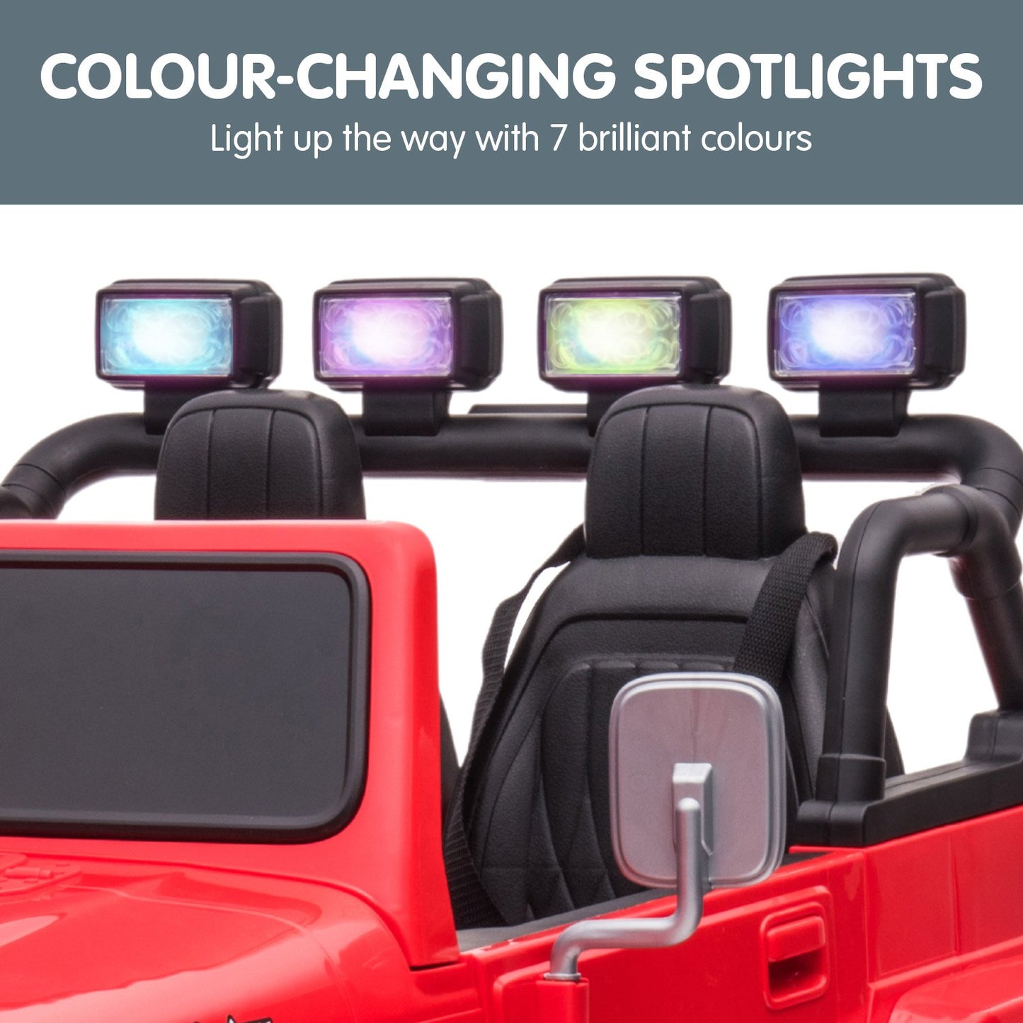 Red toy truck with color-changing spotlights on a white background