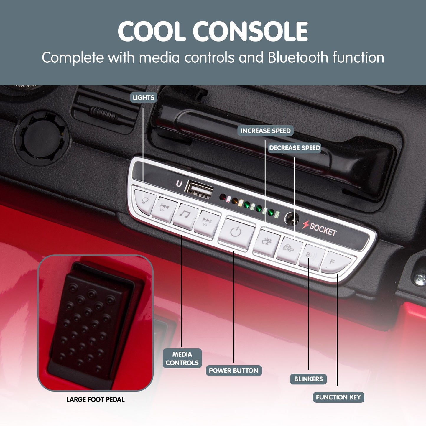 Car console with media controls and Bluetooth function labeled