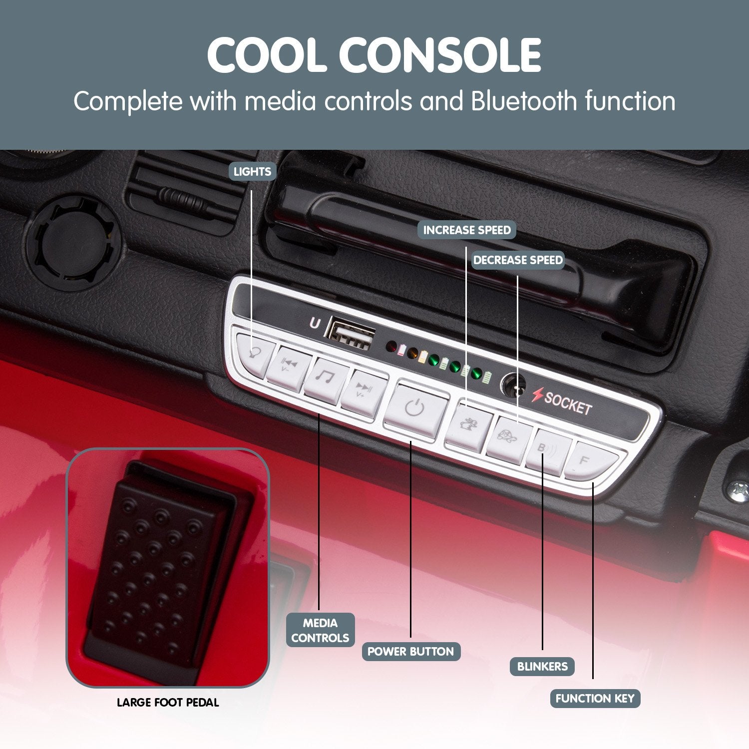 Car console with media controls and Bluetooth function labeled